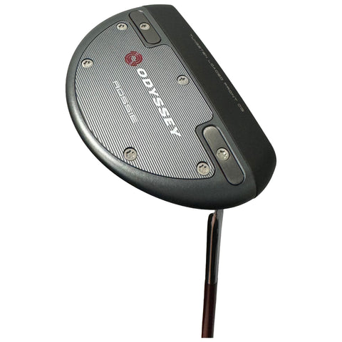 A sleek golf putter with a rounded head and textured surface is positioned at an angle highlighting its construction details and brand logo in a neutral background.