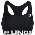 A black sports bra with a racerback design features a thick white elastic band with the words "UNDER ARMOUR" printed. The logo is displayed on the upper right side.