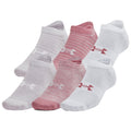 Six pairs of socks are displayed in various shades of pink and white with a brand logo on each sock. They are arranged with no visible background.