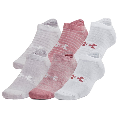 Six pairs of socks are displayed in various shades of pink and white with a brand logo on each sock. They are arranged with no visible background.