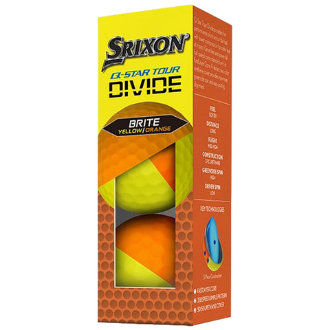 A box containing two golf balls with bright yellow and orange coloring is displayed. The packaging highlights features such as feel, distance, flight, construction, and spin characteristics of the balls.