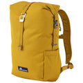 A yellow backpack stands upright showcasing its soft fabric and adjustable straps with a side pocket for storage in a neutral setting highlighting its design and color.