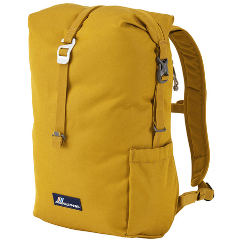 A yellow backpack stands upright showcasing its soft fabric and adjustable straps with a side pocket for storage in a neutral setting highlighting its design and color.