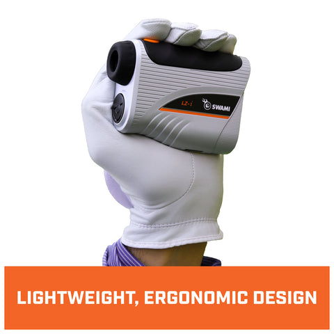 A hand in a white glove holds a compact device displaying the text "LIGHTWEIGHT, ERGONOMIC DESIGN" against a white background, suggesting ease of use in measuring distances.