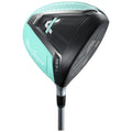 A golf driver with a black and mint green design rests at an angle showcasing its sleek head and shaft ready for use on a golf course fairway.