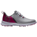 A grey and pink golf shoe is displayed sideways with a modern design featuring a textured upper and a sturdy sole designed for traction on the course.