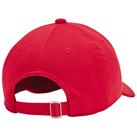 A red cap is displayed facing away showing its curved visor and adjustable strap its clean fabric texture suggests casual wear ideal for sunny outdoor activities.