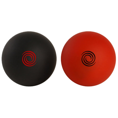 Two exercise balls are positioned side by side one is black with a red swirl design and the other is red with a black swirl design on a plain background