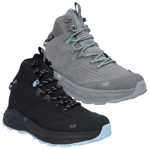 Two pairs of hiking shoes are displayed side by side one in gray and the other in black showcasing a rugged design with laces and various texture details set against a plain background.