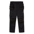 Black work pants feature multiple cargo pockets with straps for tools and equipment designed for utility and durability suitable for outdoor or industrial environments