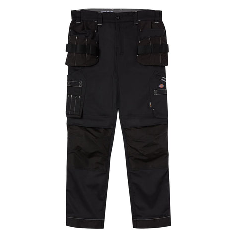 Black work pants feature multiple cargo pockets with straps for tools and equipment designed for utility and durability suitable for outdoor or industrial environments