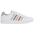 A white sneaker features three decorative stripes in shades of rose and grey on the side with a laced upper and a textured heel section ideal for casual wear.