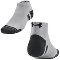 A pair of athletic socks is displayed prominently with a gray and black design featuring a logo on the back. They are designed for active wear and comfort.