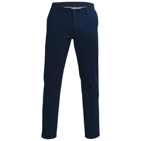 Navy-colored golf chinos stand upright with a button and zipper closure on the front, showcasing a simple, tailored design suitable for casual or semi-formal occasions on or off the green.