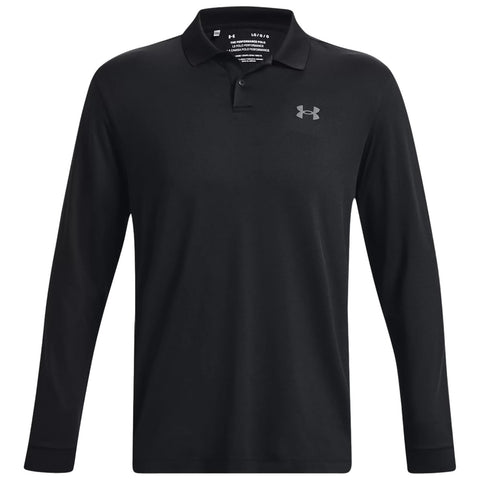 A black long-sleeve polo shirt hangs flat displaying the collar and a small logo on the left chest area in a neutral setting without any visible context or background elements.