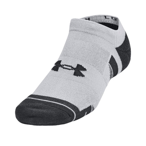 A gray and black athletic sock is displayed, partially rolled down, showcasing its texture and design, featuring a logo; it appears designed for performance and comfort during physical activities.