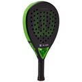 A black paddle with a green logo is positioned upright showcasing its perforated hitting surface and textured grip providing a handle for use in paddle sports.