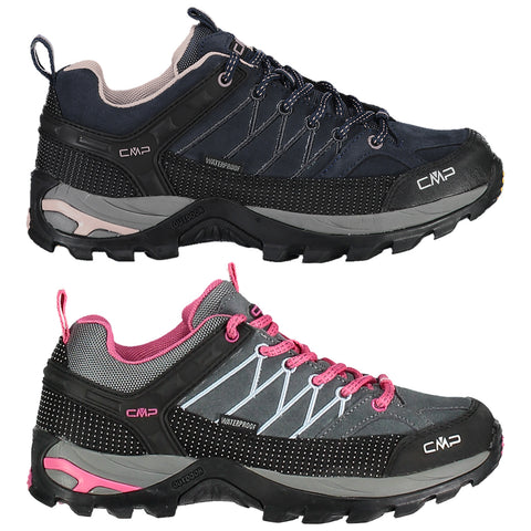 Two pairs of waterproof hiking shoes are displayed side by side. The top pair features a dark blue color with gray and black accents. The bottom pair has a gray and pink design.