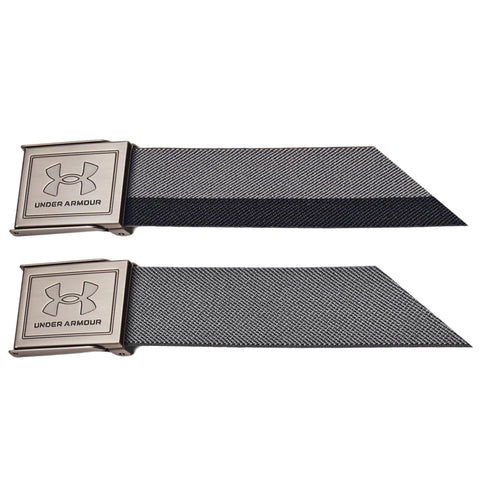 Two fabric belts with metallic buckles displaying the Under Armour logo rest side by side. The belts are designed with a pattern of gray and black colors, suitable for athletic or casual wear.