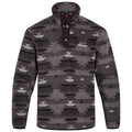 A gray patterned fleece pullover with a high collar features a buttoned placket. It displays an abstract design in black and white tones. The brand logo is visible on the chest.