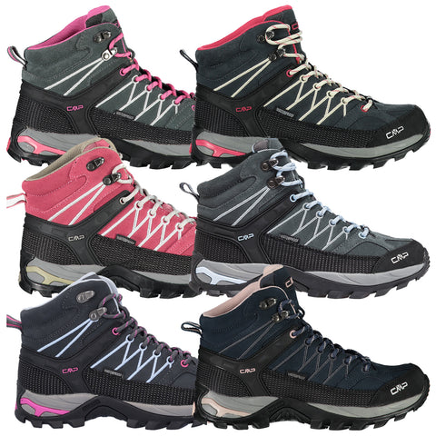 Six pairs of hiking boots are displayed in a grid pattern. Each boot showcases distinct color combinations and designs, highlighting features like waterproof materials and rugged soles, ideal for outdoor use.