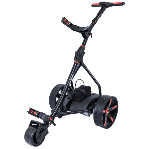 A black and red golf push cart stands upright featuring large wheels and a battery compartment on its base designed to assist golfers in transporting their equipment across the course.