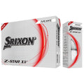 A box of Srixon Z-Star XV golf balls is displayed with a white and red design highlighting the brand and product features emphasizing visual performance and premium quality.