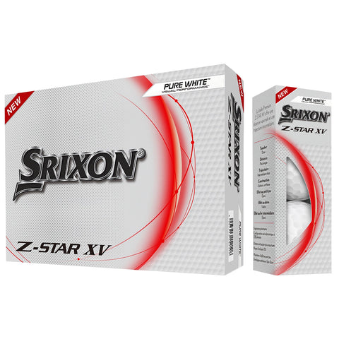 A box of Srixon Z-Star XV golf balls is displayed with a white and red design highlighting the brand and product features emphasizing visual performance and premium quality.