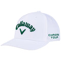 A white baseball cap features green embroidered text that reads Callaway with a green logo and the words CHROME TOUR on the side showcasing a sporty design.