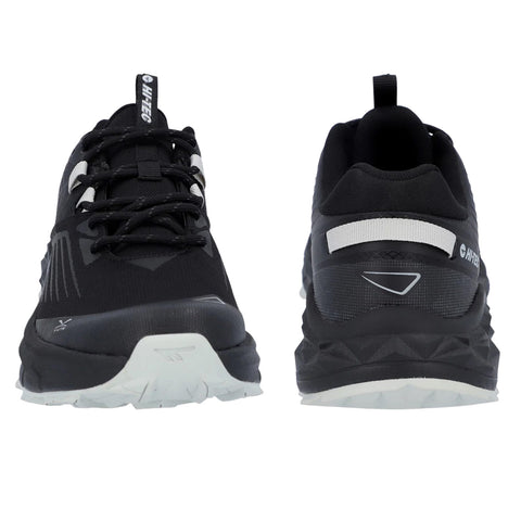 Black running shoes are displayed facing forward and backward featuring a textured sole and lace-up design with a logo visible on the tongue and side in a plain background