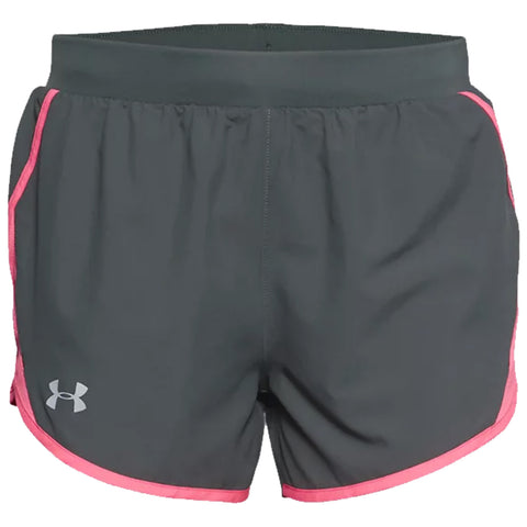 Gray athletic shorts with pink trim designed for active wear showcased frontally against a plain background emphasizing their color and style for fitness activities.