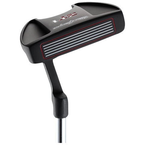 A golf putter with a black head and silver shaft is displayed upright the head features horizontal grooves and a red accent line designed for precision in putting on a golf course.