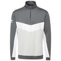 A zip-up athletic pullover in gray featuring a white chevron design across the chest and sleeves the collar stands up for added warmth suitable for casual or active wear contexts