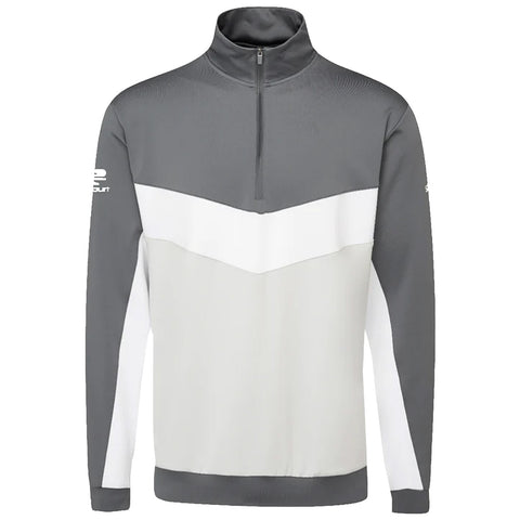 A zip-up athletic pullover in gray featuring a white chevron design across the chest and sleeves the collar stands up for added warmth suitable for casual or active wear contexts