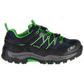 A waterproof hiking shoe features a dark blue exterior with green accents and lace detailing providing stability and grip designed for outdoor activities on varied terrain.