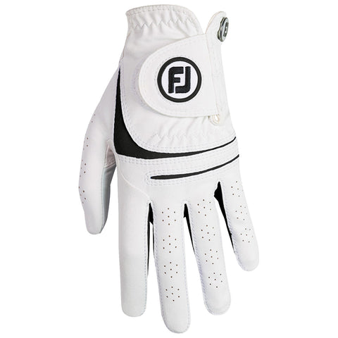 A white golf glove is displayed prominently with a black and white logo and detailing Its surface features perforations for breathability This glove is designed for golfers to enhance grip and comfort