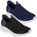 Two pairs of slip-on athletic shoes are displayed a navy blue pair on top and a black pair underneath both featuring a breathable knit design and a cushioned white sole