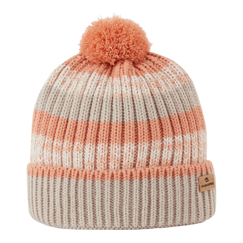 A knitted beanie with a pom-pom on top features alternating stripes in pastel orange and cream colors with a textured ribbed pattern and a small logo tag on the side.