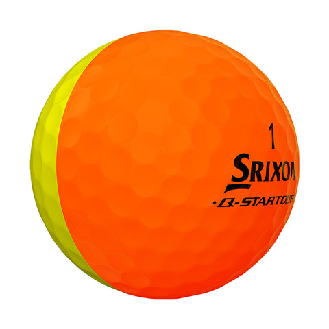 A textured golf ball in bright orange and yellow colors rests on a surface displaying the brand name Srixon and the model Q-STAR TOUR along with the number one