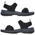 Black sandals are displayed with adjustable straps and a cushioned sole. They are oriented to show both left and right sides against a plain background.