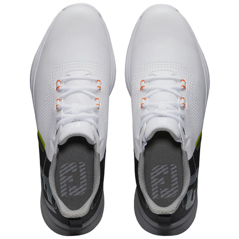 A pair of modern athletic shoes features a predominantly white upper with black and gray accents showing laces and branding on the heel situated against a plain background.