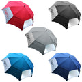 Five colorful umbrellas in red gray black blue and teal are displayed prominently with their canopies open indicating they are ready for use in a rainy or sunny environment.