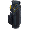 A black and gray golf bag stands upright featuring multiple zippered pockets with yellow accents. It is designed for holding golf clubs and accessories, suitable for outdoor golfing.