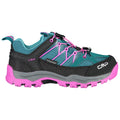 A waterproof shoe in teal and black features pink accents and a secure lace system designed for active outdoor use showcasing a rugged sole ideal for various terrains