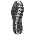 A rugged black shoe sole features prominent treads and grooves designed for traction on uneven surfaces indicating its use for outdoor activities or sports