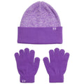 A purple beanie and matching gloves are displayed together on a flat surface highlighting their soft texture and vibrant color ideal for cold weather activities