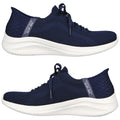 A pair of navy blue athletic shoes is displayed with a breathable knit upper and white sole showcasing a sleek, modern design suitable for casual or fitness activities.