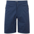 Navy blue shorts with a button closure feature two zippered pockets on the sides and a smooth fabric texture suitable for casual wear or outdoor activities.