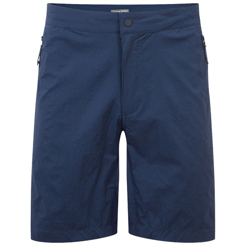 Navy blue shorts with a button closure feature two zippered pockets on the sides and a smooth fabric texture suitable for casual wear or outdoor activities.