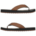 Brown flip-flops with a textured strap and thick sole are positioned side by side showcasing their design and color against a plain white background indicating footwear suitable for casual wear.